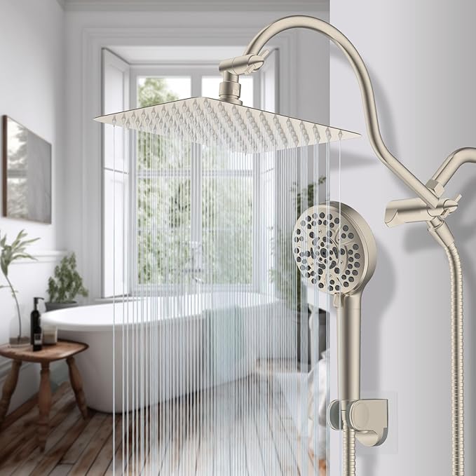 Hibbent All Metal Shower Head, 10'' High Pressure Rainfall Shower Head/Handheld Showerhead Combo/ 12'' Adjustable Curved Shower Extension Arm, 10-Spray, 71'' Hose, Showerhead Holder, Brushed Nickel