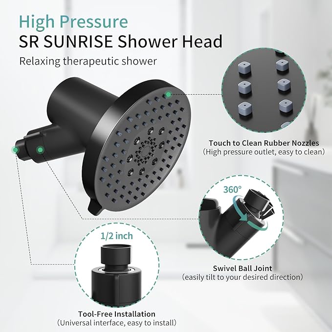 SR SUN RISE Filtered Shower Head with Filters- High Pressure Rain Shower Head,with 20-Stage shower Filter,6 Spray Modes for Hard Water Softener, Remove Chlorine & Heavy Metals (Black,5.5 Inch Round)