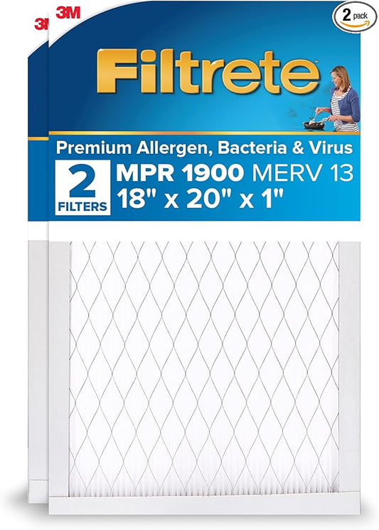Filtrete 18x20x1 AC Furnace Air Filter, MERV 13, MPR 1900, Premium Allergen, Bacteria & Virus Filter, 3-Month Pleated 1-Inch Electrostatic Air Cleaning Filter, 2-Pack (Actual Size 17.81x19.81x0.81 in)