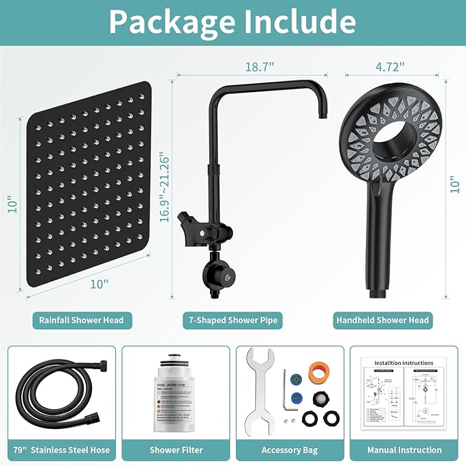 10" Rainfall Shower Heads with Handheld Spray Combo High Pressure, Magnetix Shower Head with Filters for Hard Water, 2 in 1 Dual Shower Head with Handheld and Adjustable Slide Bar (Black)