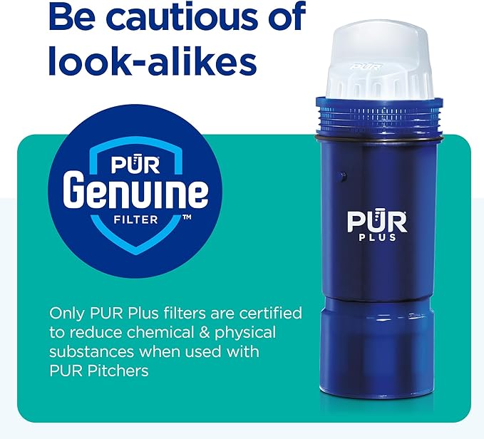 PUR Plus 7-Cup Water Pitcher, 1 Lead-Reducing Filter, Cleaner, Great-tasting Water, Dishwasher Safe, Powerful Filtration, Filter Change Light Indicator, LockFit Cap Design - White