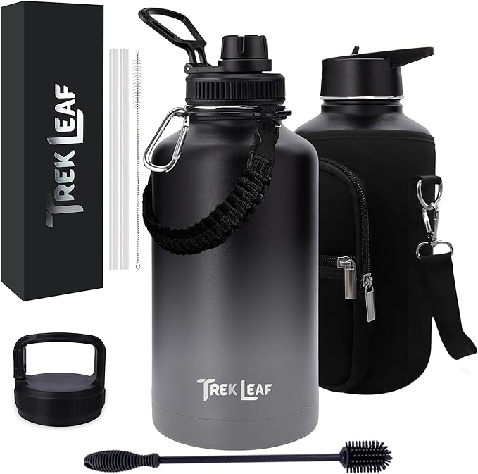 Travel Water Bottle with Carrying Bag, 3 Lids (Spout, Straw, Handle), and Bottle Brush; Leak Proof, Quality, Vacuum Insulated, Stainless Steel (Charcoal Fog, 64 oz)
