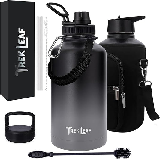 Travel Water Bottle with Carrying Bag, 3 Lids (Spout, Straw, Handle), and Bottle Brush; Leak Proof, Quality, Vacuum Insulated, Stainless Steel (Charcoal Fog, 64 oz)