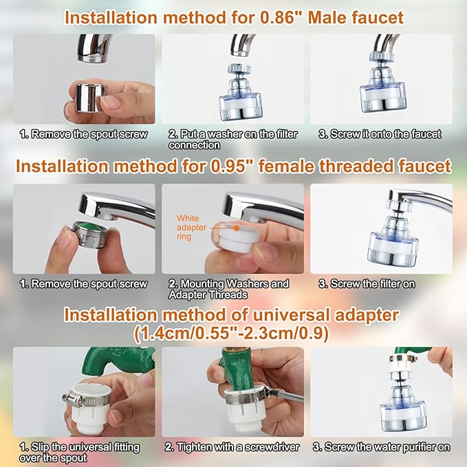 3 Pcs Sink Water Filter Faucet, Universal 360 ° Rotating Kitchen Faucet Water Purifier, Bathroom Faucet Filter Removes Chlorine Fluoride Hard Water for Home Kitchen w/20 Cartridge