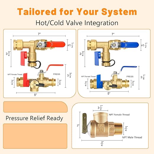 (Set of 1 Kit) HeSun 3/4" FIP X 3/4" PRESS IPS Isolator Tankless Water Heater Service Valve Kit, with Pressure Relief Valve