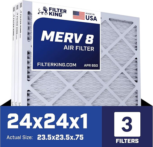 Filter King 24x24x1 Air Filter | 3-PACK | MERV 8 HVAC Pleated A/C Furnace Filters | MADE IN USA | Actual Size: 23.5 x 23.5 x .75"