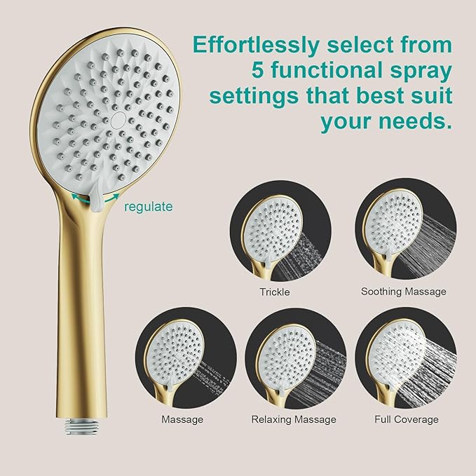 Shower Slide Bar Handheld Shower Head with Hose, 5-Function Hand Shower with Wall Mount，shower slide bar,adjustable height shower head (A-round, Brushed Gold)