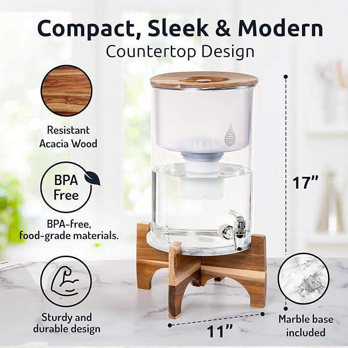 Invigorated Water pH Recharge Alkaline Water Filter Dispenser – BPA-Free Glass Countertop Water Filter Pitcher Purifier for Home & Office, 36-Cup Capacity, 360L Long Filter Life (Acacia/Marble)