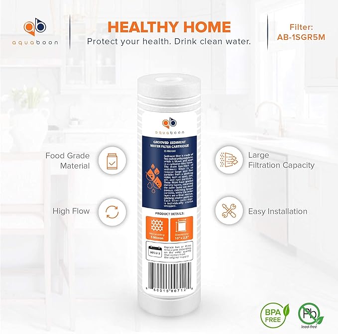 Aquaboon 5 Micron 10 x 2.5 Grooved Sediment Water Filter Replacement for Whole House Filter Cartridge Compatible with AP110, WHKF-GD05, CFS110, 4-Pack