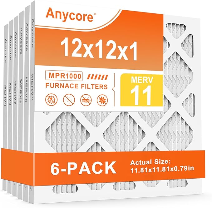 12x12x1 AC Air Filter 6-Pack MERV 11 MPR 1000 FPR 7 HVAC Furnace Pleated Filters for Home Office (Actual Size: 11.81x11.81x0.79 inch)