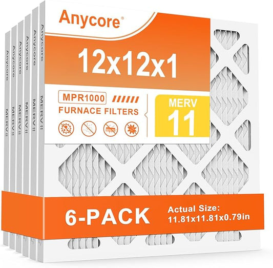12x12x1 AC Air Filter 6-Pack MERV 11 MPR 1000 FPR 7 HVAC Furnace Pleated Filters for Home Office (Actual Size: 11.81x11.81x0.79 inch)
