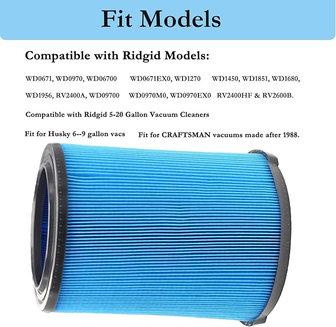 VF5000 3-Layer Pleated Vacuum Filter Compatible with Ridgid Shop Vac 6-20 Gallon Wet Dry Vacuums, Fine Dust Replacement Filter for Rigid WD1450 WD0970 WD1270 WD09700 WD06700 WD1680 WD1851 RV2400A