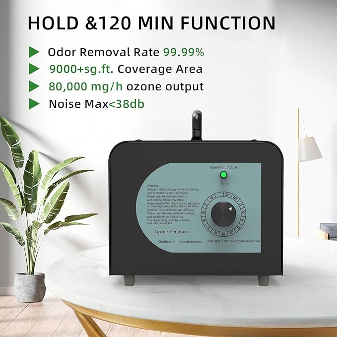 Ozone Generator Odor Eliminator 80000mg/H-High Capacity Ozone Machine Odor Removal for Large Spaces (9000 Sq. Ft)-Portable O3 Ionizer Air Purifier for Cars Homes Hotels Kitchens Pet Room