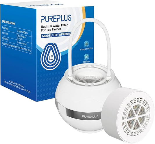 PUREPLUS Bathtub Bath Water Filter for Tub with 1 Extra Replacement Filter,8 Stages Kinder Filter,2500 Gallons Filtration,Remove Contaminants,Softer Skin & Hair,Reduce Chlorine & Heavy Metals,BPA Free