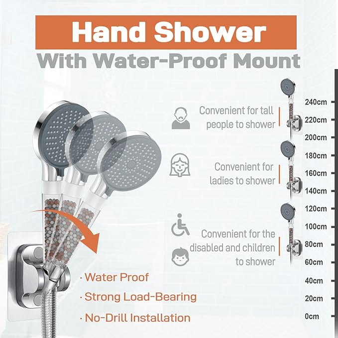 YDmeet Filtered Handheld Showerhead with Shower Holder Set, 3-Mode Spray Setting, Long Metal Hose, Extra 6 Packs Replacement Mineral Balls for Refills, Chrome