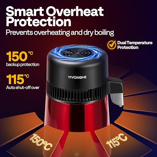 VIVOHOME Water Distiller Countertop 1.1 Gallon/4L 304 Stainless Steel Distilled Water Machine with Smart Switch Purifier Filter for Home Officek, Red