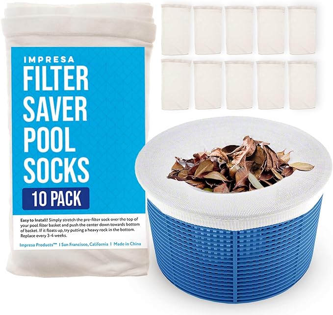 IMPRESA Pool Skimmer Socks 10-Pack - Reusable Nylon Mesh Filter Socks for Skimmer Baskets - Fits Inground & Above Ground Pools - Catches Leaves & Debris, Prevents Clogging