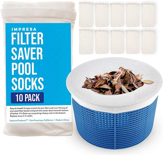IMPRESA Pool Skimmer Socks 10-Pack - Reusable Nylon Mesh Filter Socks for Skimmer Baskets - Fits Inground & Above Ground Pools - Catches Leaves & Debris, Prevents Clogging