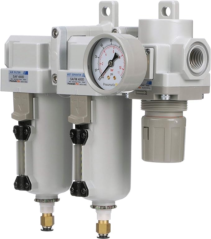 PneumaticPlus SAU430-N04DG-MEP Three Stage Air Drying System Particulate Air Filter, Coalescing Filter, Air Pressure Regulator Combo 1/2" NPT - Metal Bowl, Auto Drain, Bracket, Gauge