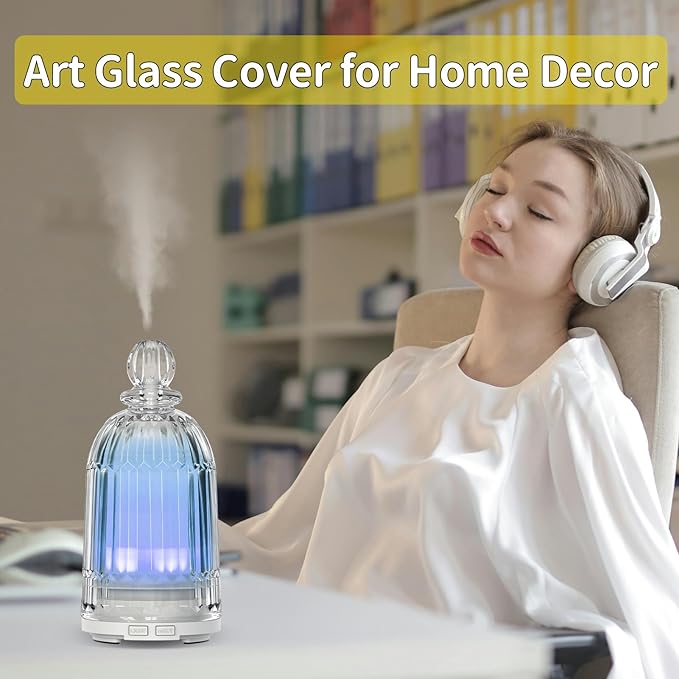 Glass Essential Oil Diffuser, Aroma Diffusers with Glass Cover & Plastic Reservoir Small Humidifiers with 7 Color LED Lights Auto-Off for Home Office Bedroom Yoga 120ml(White Bottom)