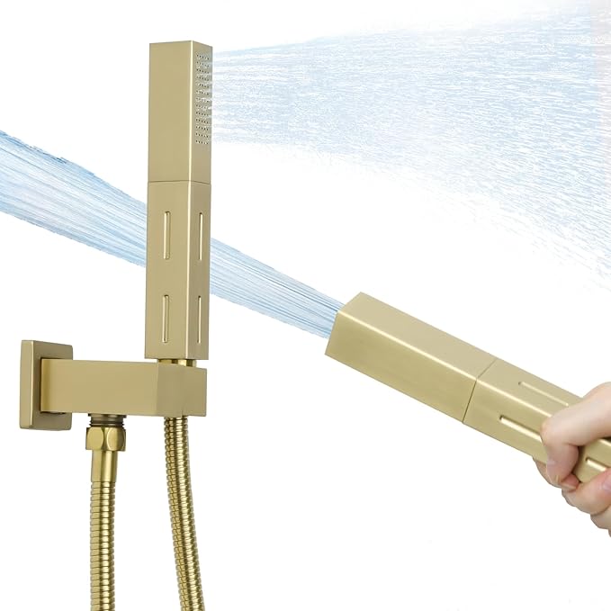 2 Settings Models Handheld Shower Head Sprayer High-Pressure with 59" Long Flexible Hose, Square 2 in1 Solid Brass Adjustable Shower Wand Replacement Kit, Brushed Gold