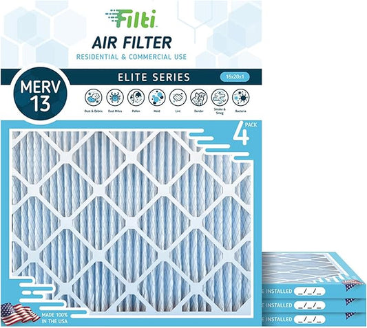 FILTI 16x20x1 Air Filter MERV 13 | Pleated Home Air Filter | HVAC AC Furnace Filter MADE IN USA (4 Pack)