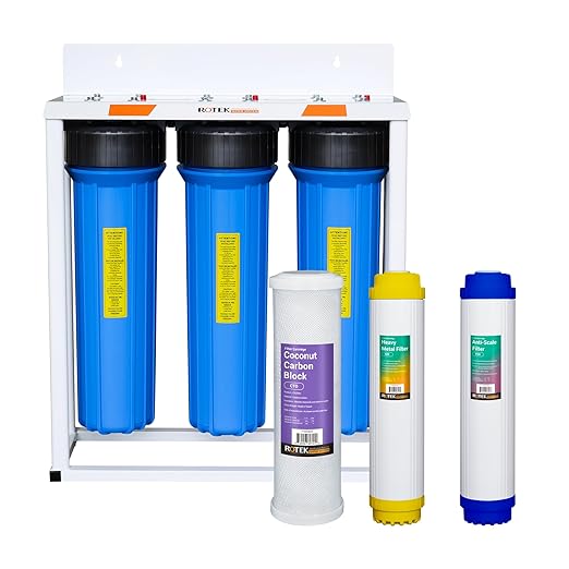 Rotek Water Systems Whole House Water Filtration System, 3-Stage Water Filter System, PHO, KDF, ACB, Clean Water, Polyphosphate Anti-Scale, Carbon Block, & Heavy Metal Filter, 20 Inch