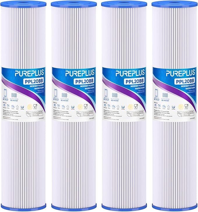 PUREPLUS 20" x 4.5" Whole House Pleated Sediment Filter for Well Water, Replacement Cartridge for ECP20-20BB, AP810-2, SPC-45-2020, R30-20BB, HDC3001, ECP5-20BB, 4Pack