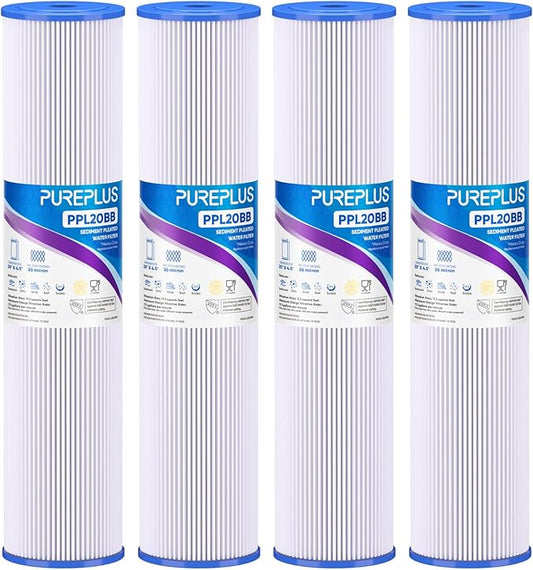 PUREPLUS 20" x 4.5" Whole House Pleated Sediment Filter for Well Water, Replacement Cartridge for ECP20-20BB, AP810-2, SPC-45-2020, R30-20BB, HDC3001, ECP5-20BB, 4Pack