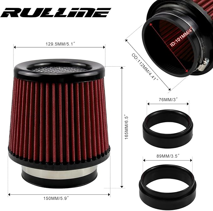 RULLINE 76mm 89mm 102mm Air Filter 3" 3.5" 4" Cold Air Intake Universal Clamp-On Air Filter Three Different Size High Flow Round Tapered Cone Cool Cleaner Red