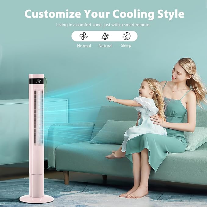 Antarctic Star Tower Fan Portable Floor Fans 85°Oscillating Fan 43'' Quiet Cooling 12H Timer Remote Control Standing Bladeless Electric 3 Speeds Wind 3 Modes Bedroom Office(43 inch, Pink)