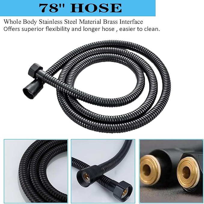 6'' Square High Pressure Rain Black Shower Heads with Handheld Spray Combo. Equipped with 78" Leakproof Hose, 3 Way Diverter Valve, Adhesive Shower Head Holder, Double Shower Head Set, AWAXFOLO