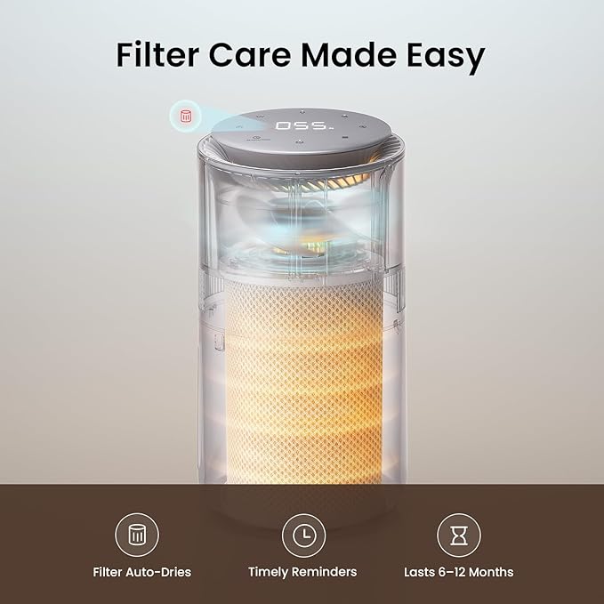 MistFree Evaporative Humidifier for Bedroom, 3L No White Dust for Sensitive Individuals & Kids, Auto Humidity Control, Ultra Quiet Sleep Mode, Easy Clean Tank for Office & Small Room