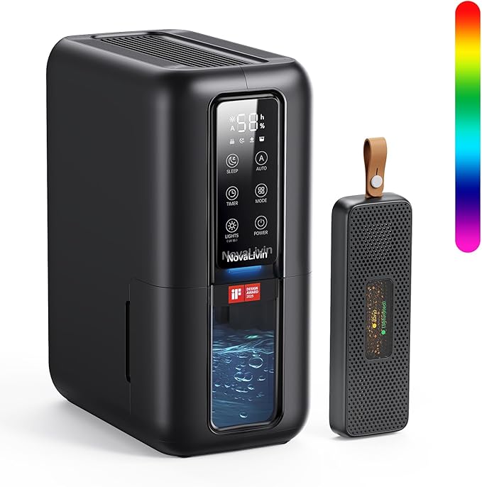 Dehumidifiers for Bathroom with Moisture Absorber Bag Reusable, 68 OZ Water Tank Portable Quiet Dehumidifier for Bedroom with Auto Shut Off, 7 Colors LED Light for Home, RV, Garage, apartment, Black