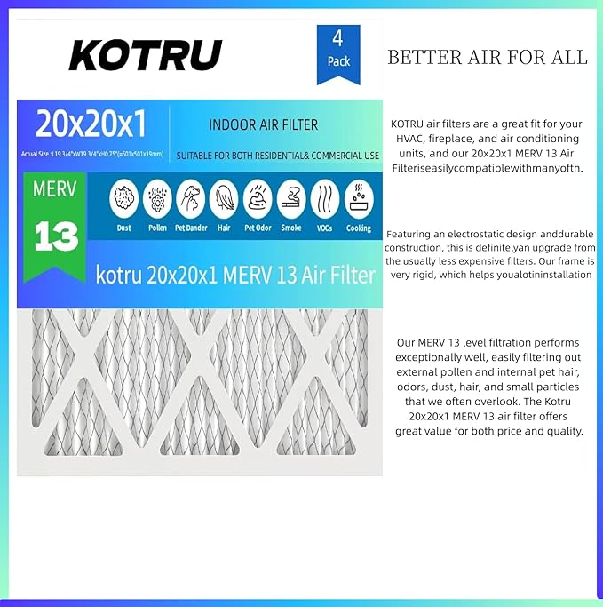 20x20x1 Air Filter MERV 13 (4-Pack) Electrostatic Pleated HVAC Heater Filter Effectively Filters Dust, Pollen, Pet Dander (Actual Size: 19.5x19.5x0.75 inches)