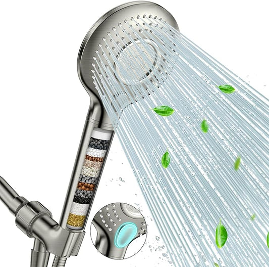 FEELSO Filtered Shower Head with Handheld, High Pressure 3 Spray Mode Showerhead with 15 Stage Water Softener Filters Beads for Hard Water - Remove Chlorine - Reduces Dry Itchy Skin, Brushed Nickel