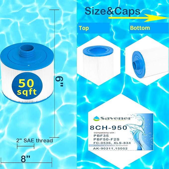 8CH-950 Spa Filter Cartridge with 2" SAE Thread Replacement for PBF35, PBF50-F2S, 10-2785 Bullfrog Spa Filter, 8CH-950, FC-0536, XLS-834, 15052, AK-90311, 80503, 50 sq.ft. 2 Pack