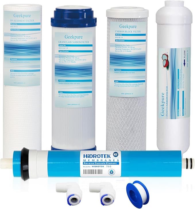 Geekpure 5 Stage Reverse Osmosis Replacement Filter Set with 75 GPD Membrane -Standard 10 Inch
