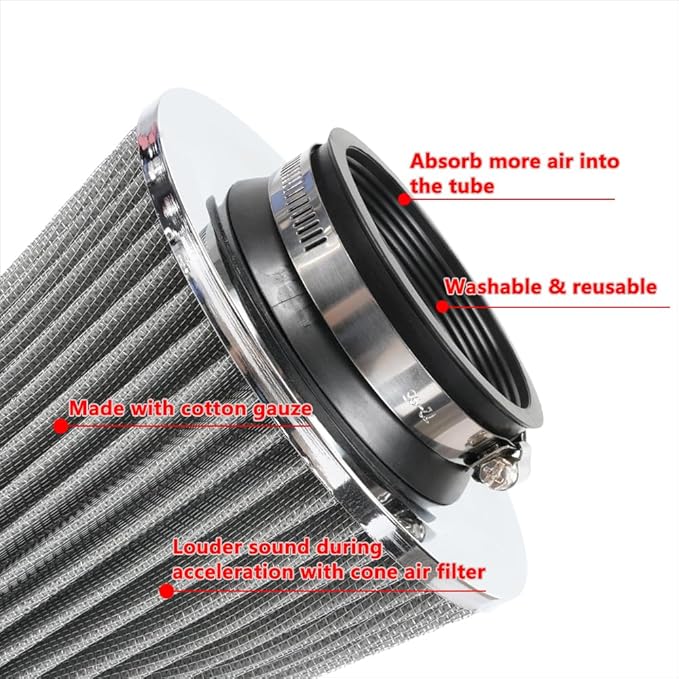 muge racing 3-inch Cold Air Intake Filter 76mm, High Performance Clamp-On Engine Intake Air Filter, Washable Reusable & Universal Round Tapered Replacement Air Filter, Silver