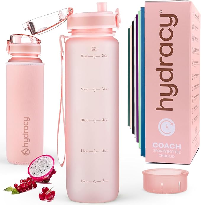 Hydracy Water Bottle with Time Marker -Large BPA Free Water Bottle & No Sweat Sleeve -Leak Proof Gym Bottle with Fruit Infuser Strainer & Times to Drink -Ideal for Fitness Sports & Outdoors