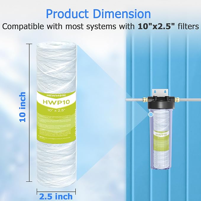 10 Micron Whole House Water Filter Cartridge, String Wound Sediment Filters for Well Water, Universal Replacement for Any 10 inch RO Unit - 10" x 2.5" Cartridges - Pack of 6