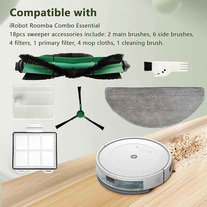 18 Pcs Replacement Parts for iRobot Roomba 105 Combo/104 Combo/Roomba Combo Essential Y0140/Y0112/Y0110, Accessories for Better Cleaning Performance