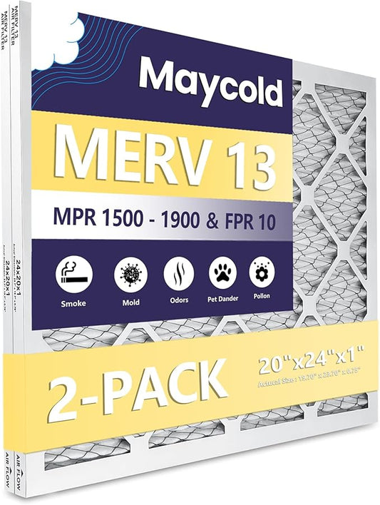 Maycold MERV 13 20x24x1 Air Filter (2-Pack), High-Efficiency Pleated AC & Furnace Filters, Actual Size: 19.70" x 23.70" x 0.75"”, Individually Wrapped in Plastic