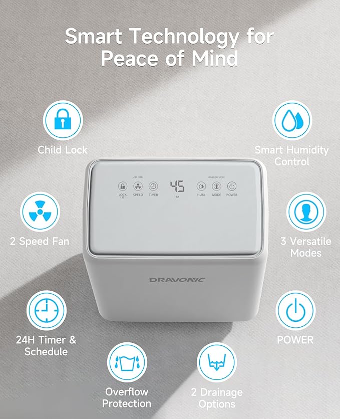 2000 Sq. Ft Dehumidifier for Basement, 30 Pint Dehumidifiers for Home, Bedroom and Bathroom, 3 Modes Dehumidifier with Drain Hose, Smart Humidity Control, 24H Timer (White and Gray)