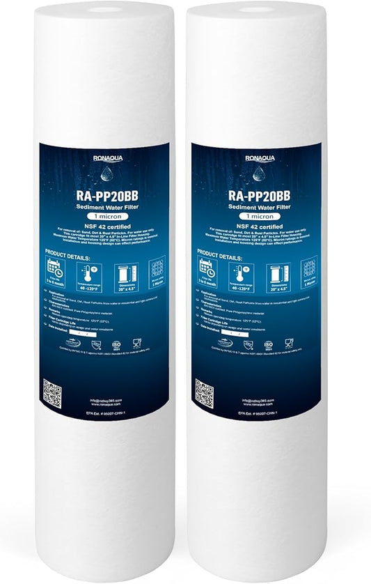 Ronaqua 20" x 4.5" Big Sediment Replacement Water Filter Cartridge, 1 Micron, NSF Certified, for Whole House, Compatible with 155358-43, 2PP20BB1M, AP810-2, FPMB-BB5-20, P5-20BB, SDC-45-2005, 2 Pack