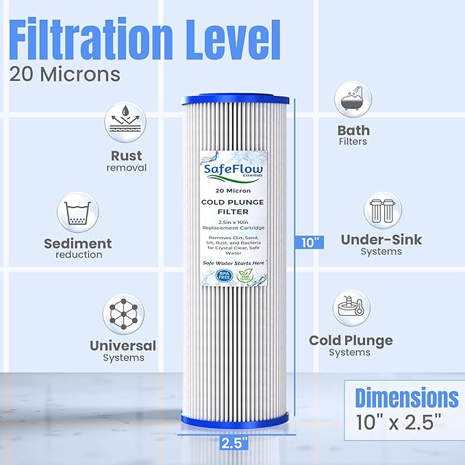10in Ice Bath Chiller Filters 20 Micron 10" x 2.5" Water Filter Replacement Cartridge – Fits Ice Pod Cold Plunge Water Chiller, Cold Plunge Filters, Water Filter for Cold Plunge (6)