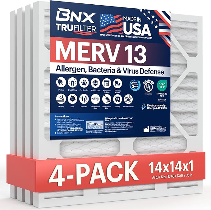 BNX TruFilter 14x14x1 Air Filter MERV 13 (4-Pack) - MADE IN USA - Electrostatic Pleated Air Conditioner HVAC AC Furnace Filters for Allergies, Pollen, Mold, Bacteria, Smoke, Allergen, MPR 1900 FPR 10