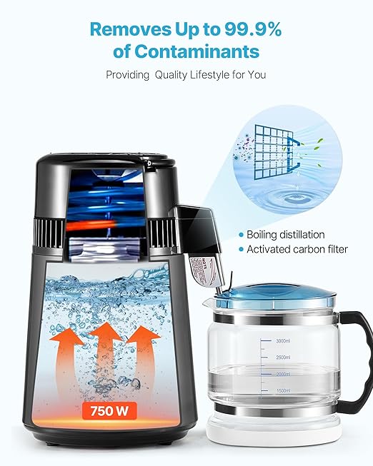 VEVOR Water Distiller, 4L 1.1 Gallon Pure Water Purifier Filter for Home Table Countertop, 750W Distilled Maker with Glass Pot, Stainless Steel Interior Drinking Machine to Make Clean Waters, Grey