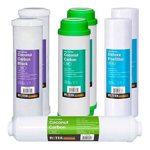 Rotek Water Systems Reverse Osmosis Water Filter Set | 7 Replacement Water Filters with No Membrane | 1 Year Supply | Under Sink RO Water Filter Kit | PP, GAC, CTO, PC | Universal 10 Inch Size
