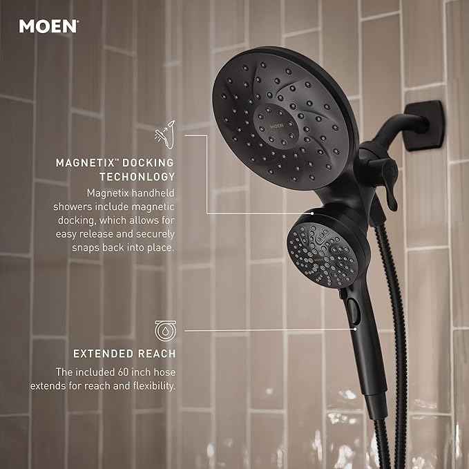 Moen Engage Matte Black 2.5 GPM Handheld Showerhead and Rain Shower 2-in-1 Combo Featuring Magnetic Docking System and Metal Hose, 26009BL